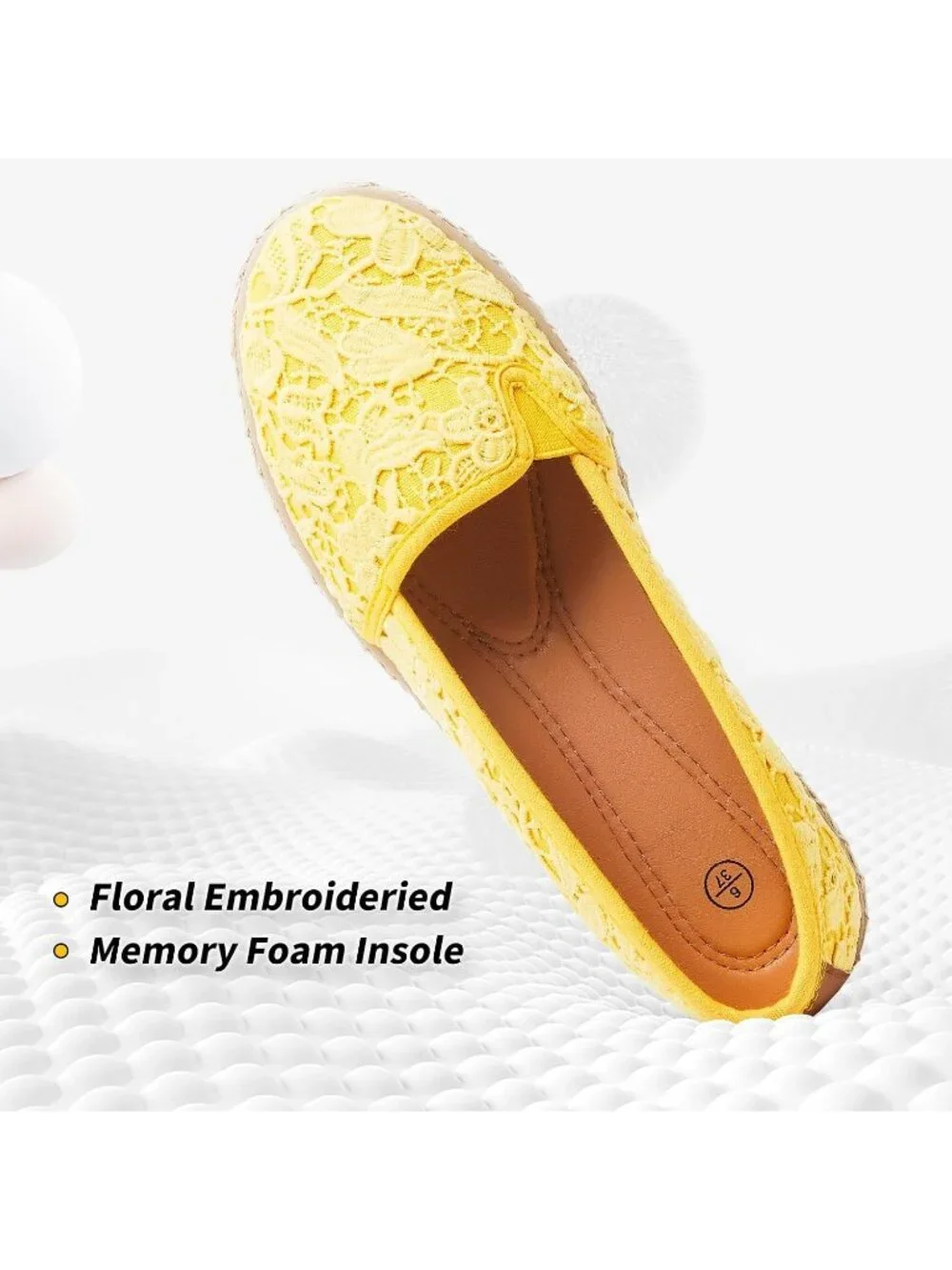 Womens Yellow Rubber Flower Embroidered Comfortable Round Toe Casual Ballet Flat